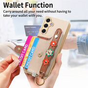 For Samsung Galaxy S24+ 5G Stereoscopic Flowers Wristband Card Bag Phone Case(Khaki)