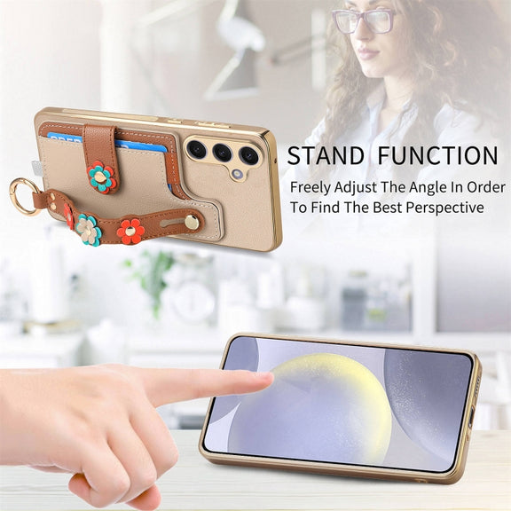For Samsung Galaxy S24+ 5G Stereoscopic Flowers Wristband Card Bag Phone Case(Khaki)