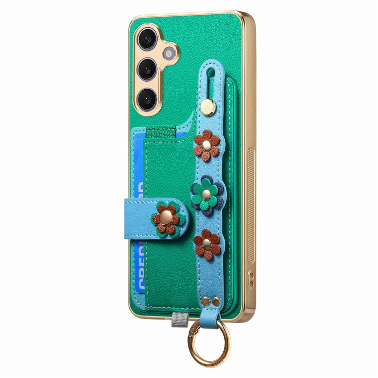 For Samsung Galaxy S24+ 5G Stereoscopic Flowers Wristband Card Bag Phone Case(Green)