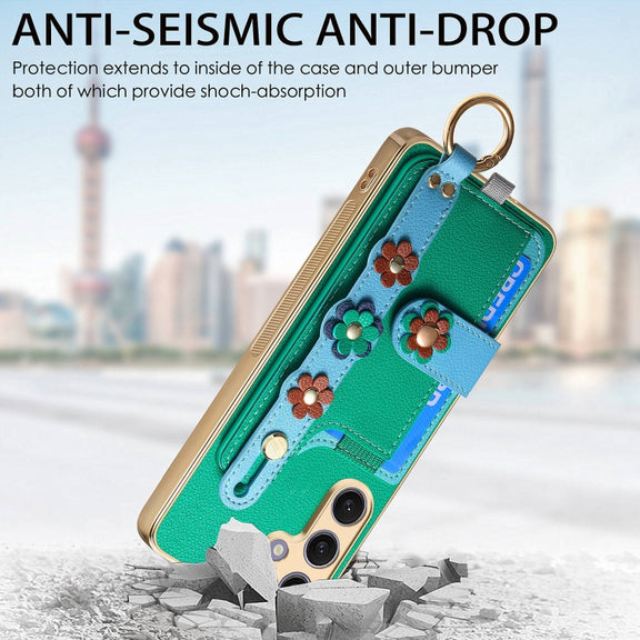 For Samsung Galaxy S24+ 5G Stereoscopic Flowers Wristband Card Bag Phone Case(Green)