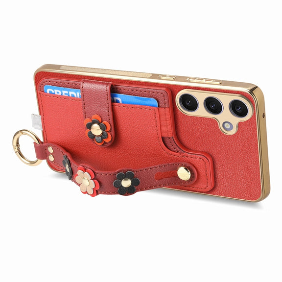 For Samsung Galaxy S24+ 5G Stereoscopic Flowers Wristband Card Bag Phone Case(Red)