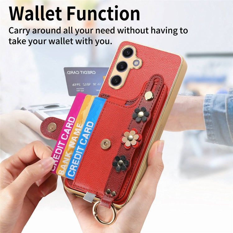 For Samsung Galaxy S24+ 5G Stereoscopic Flowers Wristband Card Bag Phone Case(Red)