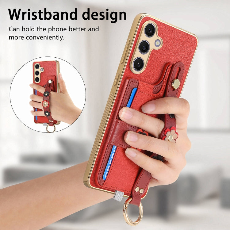 For Samsung Galaxy S24+ 5G Stereoscopic Flowers Wristband Card Bag Phone Case(Red)