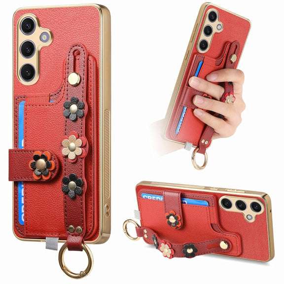 For Samsung Galaxy S24+ 5G Stereoscopic Flowers Wristband Card Bag Phone Case(Red)