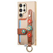 For Samsung Galaxy S24 Ultra 5G Stereoscopic Flowers Wristband Card Bag Phone Case(Khaki)