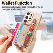 For Samsung Galaxy S24 Ultra 5G Stereoscopic Flowers Wristband Card Bag Phone Case(Khaki)