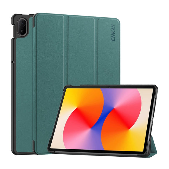 For Huawei MatePad SE 11 2024 ENKAY Tri-fold Custer Texture Platic Leather Tablet Case(Dark Green)