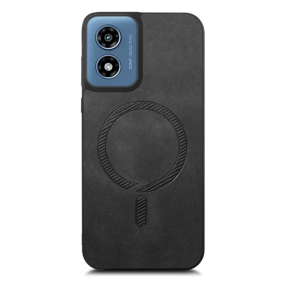 For Motorola Moto G Play 2024 4G Retro Magsafe Magnetic PU Back Cover Phone Case(Black)