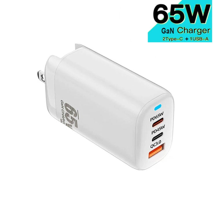 TE-65W GaN PD65W Dual USB-C/Type-C+USB-A Laptop Tablet Adapter，US Plug(White)