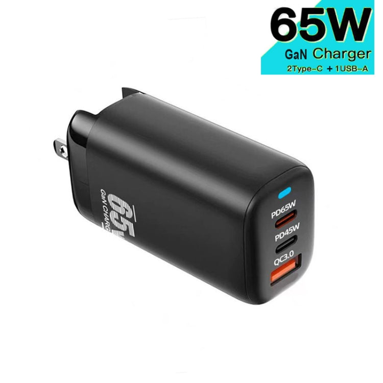 TE-65W GaN PD65W Dual USB-C/Type-C+USB-A Laptop Tablet Adapter，US Plug(Black)