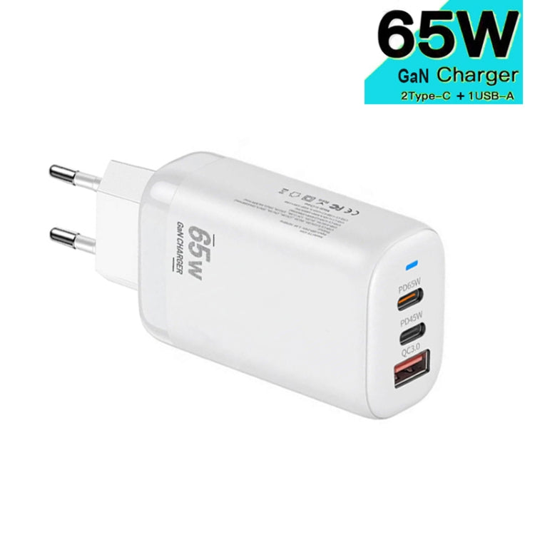 TE-65W GaN PD65W Dual USB-C+USB-A Laptop / Tablet Adapter，EU Plug(White)
