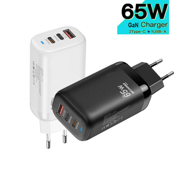 TE-65W GaN PD65W Dual USB-C+USB-A Laptop / Tablet Adapter，EU Plug(Black)
