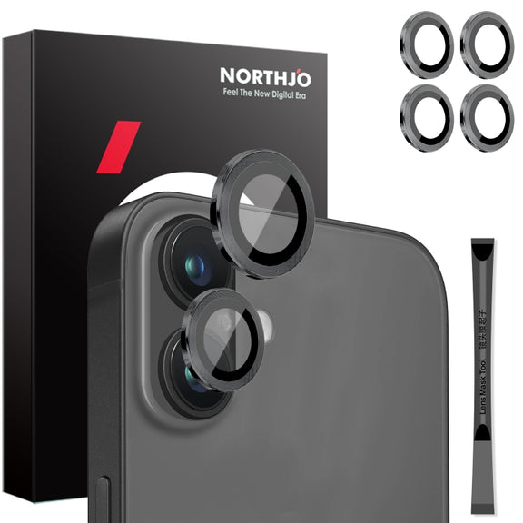 For iPhone 16 / 16 Plus NORTHJO 2 Sets 4pcs Camera Lens Protector Cover Metal Ring Film(Black)
