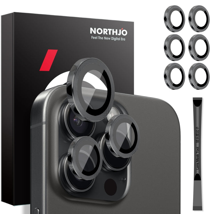For iPhone 16 Pro / Pro Max NORTHJO 2 Sets 6pcs Camera Lens Protector Cover Metal Ring Film(Black)