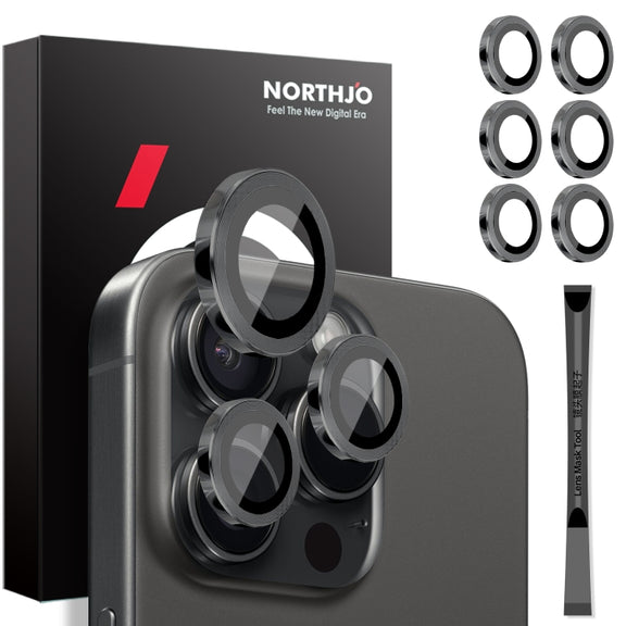 For iPhone 16 Pro / Pro Max NORTHJO 2 Sets 6pcs Camera Lens Protector Cover Metal Ring Film(Black)
