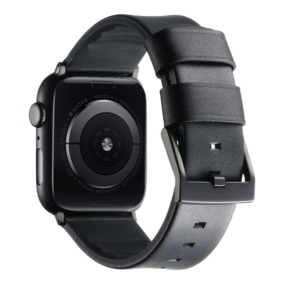 For Apple Watch SE 44mm Genuine Leather Hybrid Silicone Watch Band(Black Black Buckle)