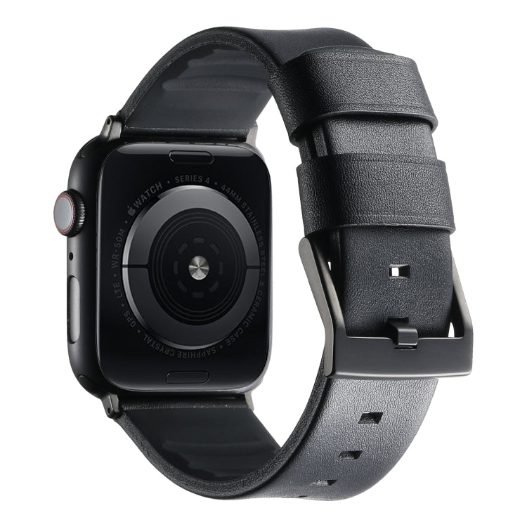 For Apple Watch SE 44mm Genuine Leather Hybrid Silicone Watch Band(Black Black Buckle)