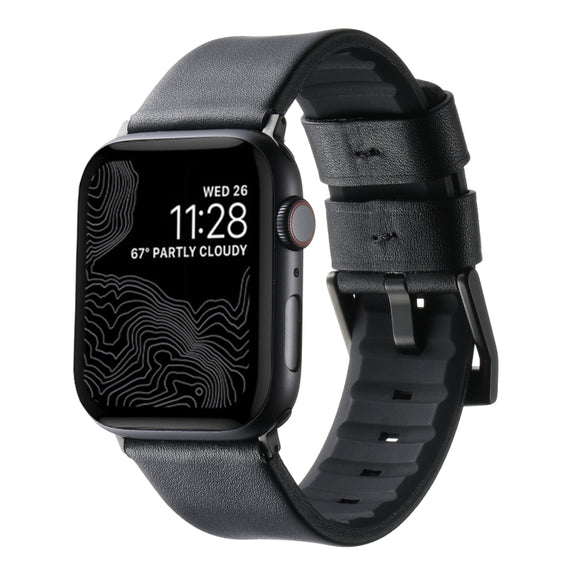 For Apple Watch SE 44mm Genuine Leather Hybrid Silicone Watch Band(Black Black Buckle)