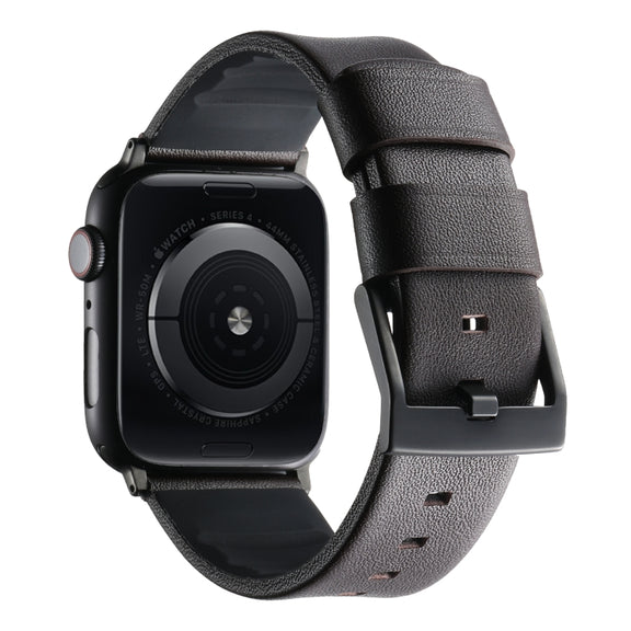 For Apple Watch SE 44mm Genuine Leather Hybrid Silicone Watch Band(Coffee Black Buckle)