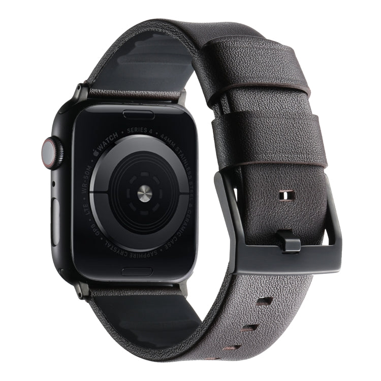 For Apple Watch SE 44mm Genuine Leather Hybrid Silicone Watch Band(Coffee Black Buckle)