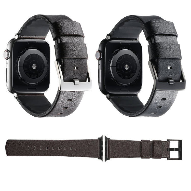 For Apple Watch SE 40mm Genuine Leather Hybrid Silicone Watch Band(Coffee Black Buckle)