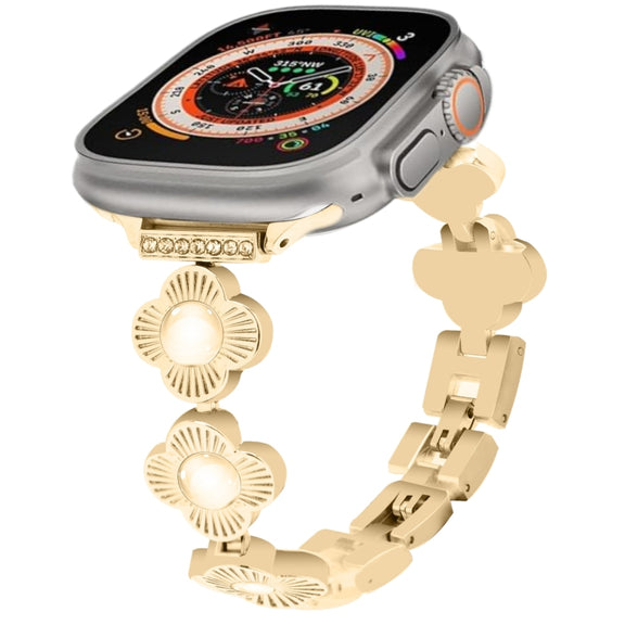 For Apple Watch Ultra 2 49mm Four Leaf Clover Quick-Release Metal Chain Watch Band(Gold)