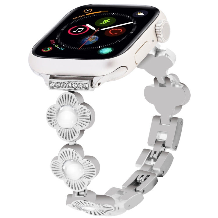 For Apple Watch Series 4 44mm Four Leaf Clover Quick-Release Metal Chain Watch Band(Silver)