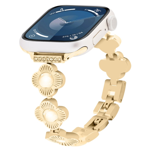 For Apple Watch Series 9 41mm Four Leaf Clover Quick-Release Metal Chain Watch Band(Gold)