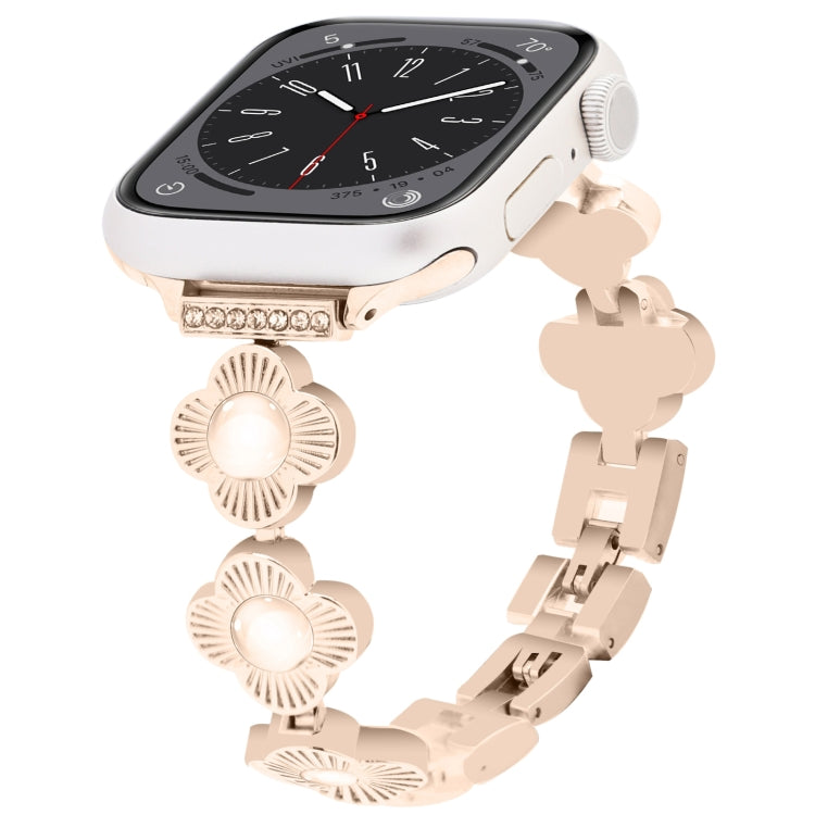 For Apple Watch Series 8 41mm Four Leaf Clover Quick-Release Metal Chain Watch Band(Rose Gold)