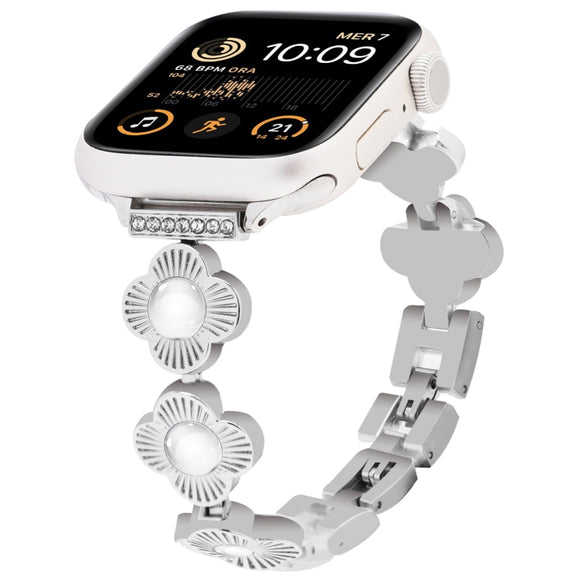 For Apple Watch SE 2022 40mm Four Leaf Clover Quick-Release Metal Chain Watch Band(Silver)