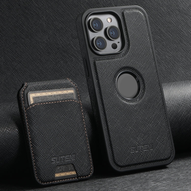 For iPhone 15 Pro Max Suteni M2 Cross-Grain MagSafe Vertical Card Back Phone Case(Black)