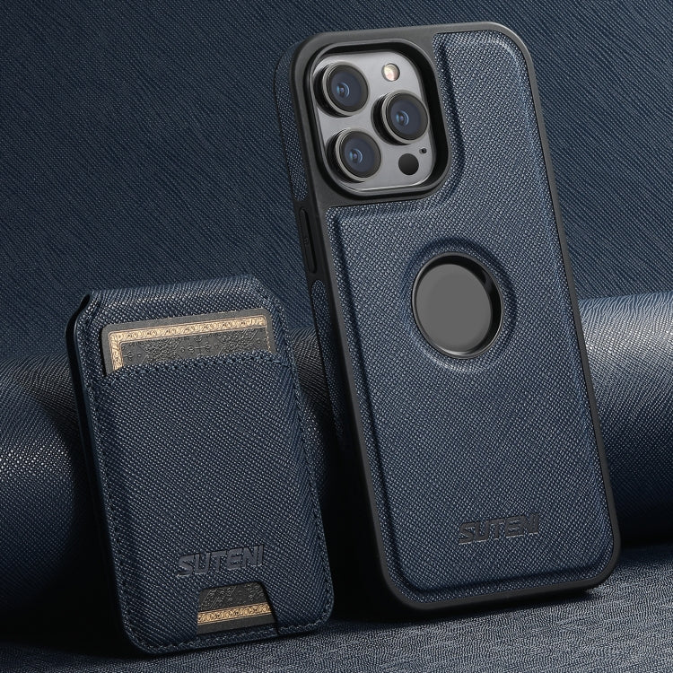 For iPhone 15 Pro Max Suteni M2 Cross-Grain MagSafe Vertical Card Back Phone Case(Blue)