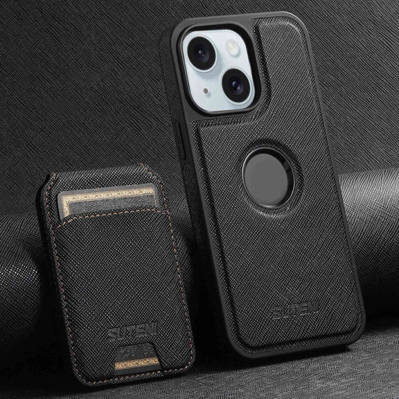 For iPhone 15 Plus Suteni M2 Cross-Grain MagSafe Vertical Card Back Phone Case(Black)