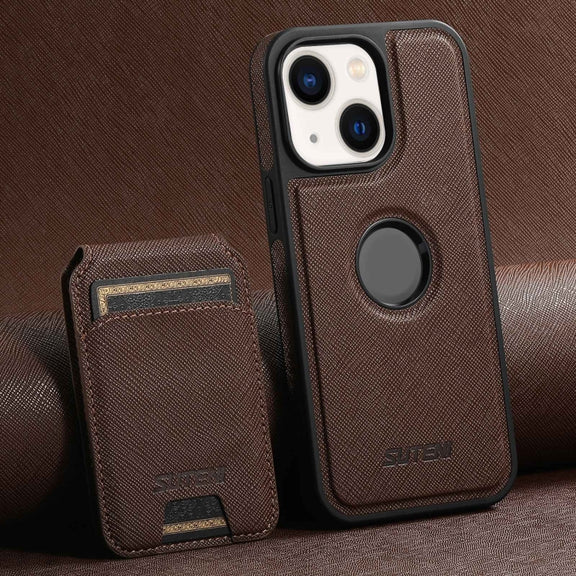 For iPhone 14 Suteni M2 Cross-Grain MagSafe Vertical Card Back Phone Case(Brown)