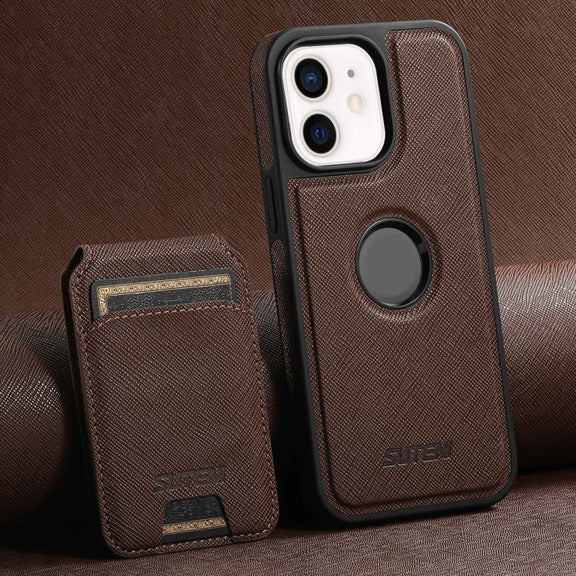 For iPhone 12 Suteni M2 Cross-Grain MagSafe Vertical Card Back Phone Case(Brown)