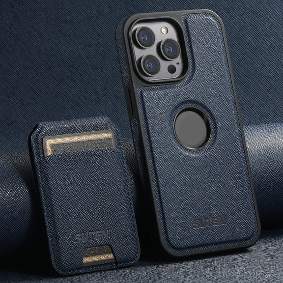 For iPhone 16 Pro Suteni M2 Cross-Grain MagSafe Vertical Card Back Phone Case(Blue)