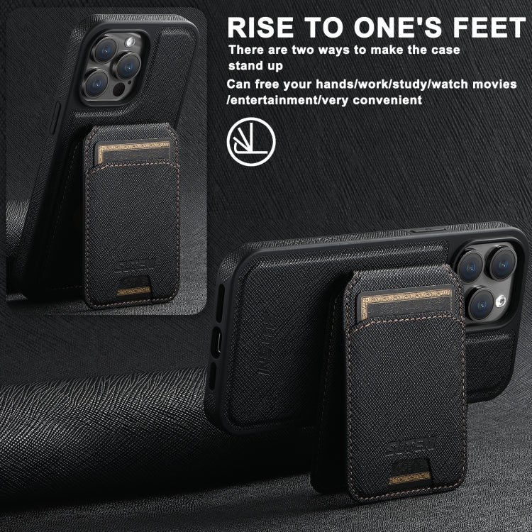 For iPhone 16 Pro Max Suteni M2 Cross-Grain MagSafe Vertical Card Back Phone Case(Black)