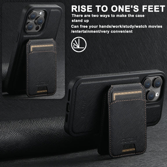 For iPhone 16 Pro Max Suteni M2 Cross-Grain MagSafe Vertical Card Back Phone Case(Black)