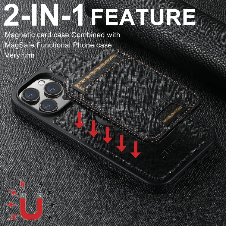 For iPhone 16 Pro Max Suteni M2 Cross-Grain MagSafe Vertical Card Back Phone Case(Black)
