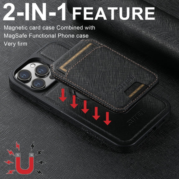For iPhone 16 Pro Max Suteni M2 Cross-Grain MagSafe Vertical Card Back Phone Case(Black)