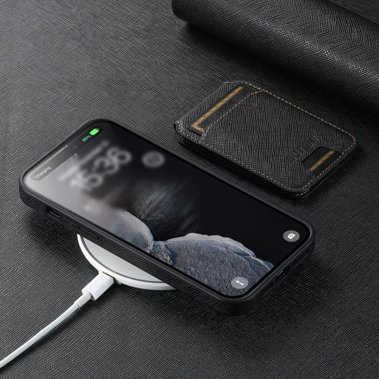 For iPhone 16 Pro Max Suteni M2 Cross-Grain MagSafe Vertical Card Back Phone Case(Black)
