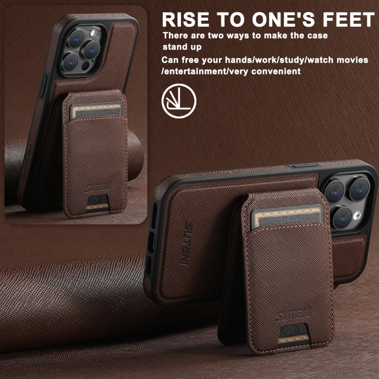 For iPhone 16 Pro Max Suteni M2 Cross-Grain MagSafe Vertical Card Back Phone Case(Brown)