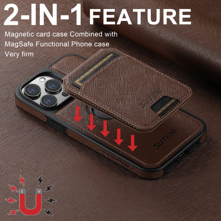 For iPhone 16 Pro Max Suteni M2 Cross-Grain MagSafe Vertical Card Back Phone Case(Brown)