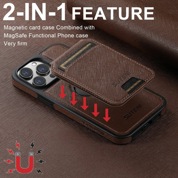 For iPhone 16 Pro Max Suteni M2 Cross-Grain MagSafe Vertical Card Back Phone Case(Brown)