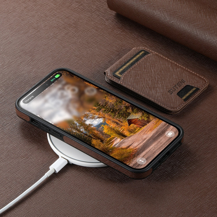 For iPhone 16 Pro Max Suteni M2 Cross-Grain MagSafe Vertical Card Back Phone Case(Brown)