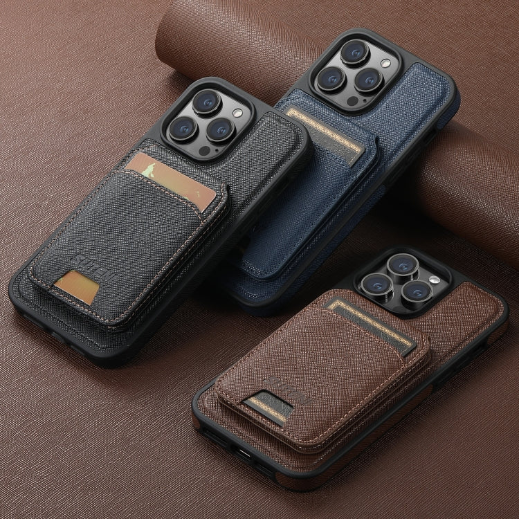For iPhone 16 Pro Max Suteni M2 Cross-Grain MagSafe Vertical Card Back Phone Case(Black)