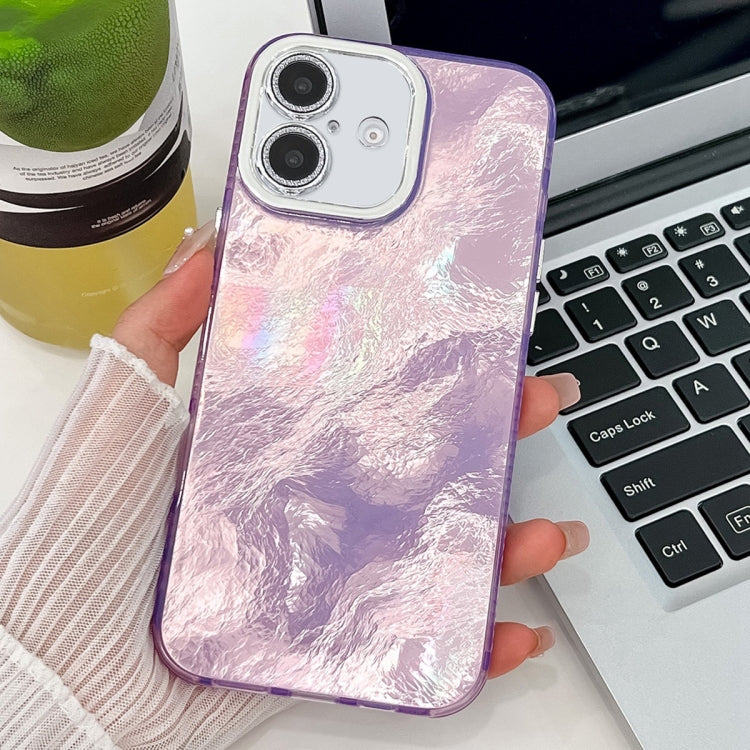 For iPhone 16 Plus Plating Glitter Texture TPU Phone Case with Lens Film(Purple Tinfoil Texture)