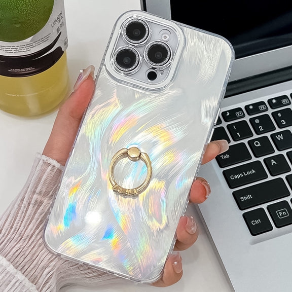 For iPhone 16 Pro Max Plating Glitter Texture Ring Holder TPU Phone Case with Lens Film(White Feather Yarn)