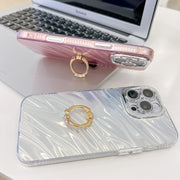 For iPhone 16 Plus Plating Glitter Texture Ring Holder TPU Phone Case with Lens Film(White Water Ripples)