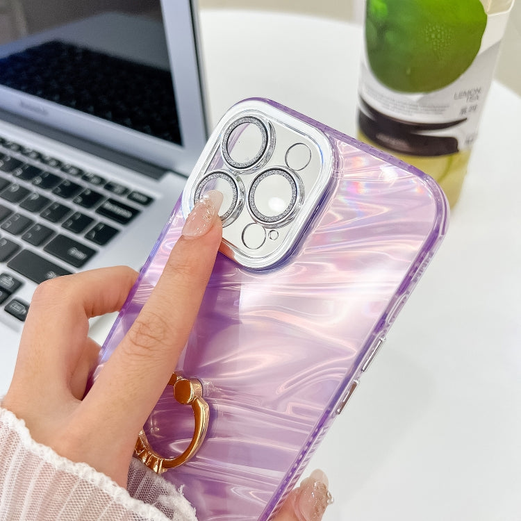 For iPhone 16 Pro Plating Glitter Texture Ring Holder TPU Phone Case with Lens Film(Pink Water Ripples)